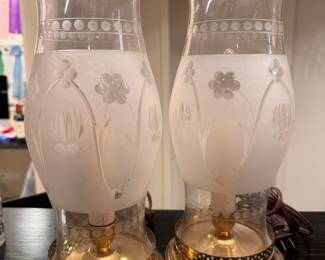Pair of Etched Glass Hurricane Table Lamps.