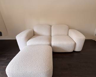 Design Within Reach (DWR) Ellison Studios Muse Two-Seat Sofa & Ottoman Upholstered in La Creme Boucle. Sofa Measures 80" W x 38" D; Ottoman Measures 28" W x 28" D x 15" H. Photo 2 of 8.