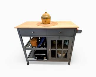 Rolling Kitchen Island, Portable Kitchen Cart Wood Top Kitchen Trolley with Drawers and Glass Door Cabinet, Wine Shelf, Towel Rack