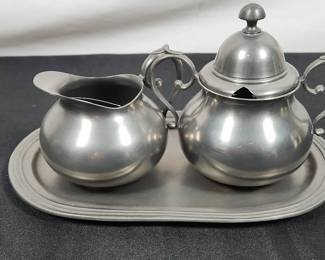 Pewter Creamer and Sugar Bowl Set with a Matching Tray