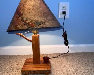 Vintage Wood WellPump Lamp with World Map Shade