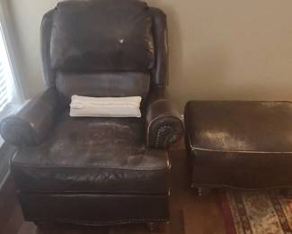 Brown Leather Chair And Foot Stool