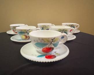 Vintage Westmoreland Beaded Edge Fruit Milk Glass Cup And Saucer Set