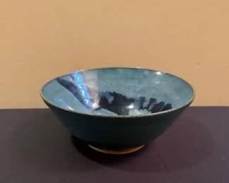 Handmade Bowl With Blue Glaze And Black Abstract Design