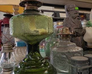 Large green glass oil lamp