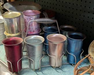 Vintage Zephyr Ware aluminum tumblers with holder