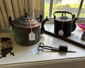 Vintage metal tea kettles and cutter