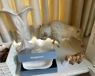 Porcelain vase, serving dish, and buffalo figurines