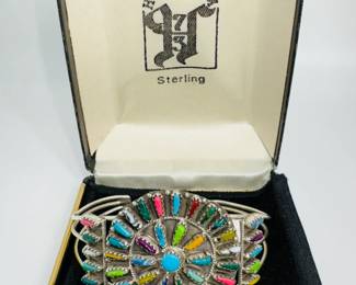 Zuni 925 sterling silver needlepoint multistone bracelet, hand made