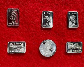 6 1gram .999 silver bars and rounds