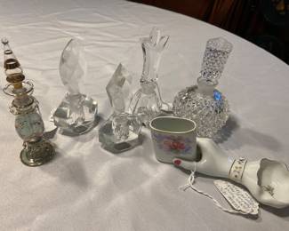 Vintage perfume bottles & vintage hand ashtray and cigarette holder