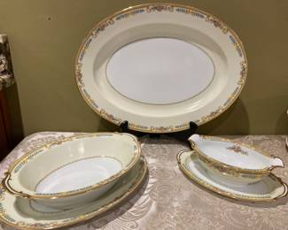 Noritake China Japan “Tiara” platter, gravy boat with attached underplate, serving oval bowl with detached underplate, sold separately 