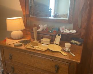 Vintage oak dresser with mirror with vintage Bakelite dresser accessories and other vintage accessories