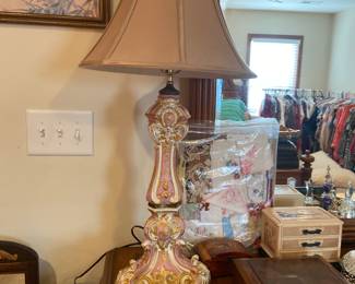 Ornate porcelain table lamp and vintage jewelry boxes