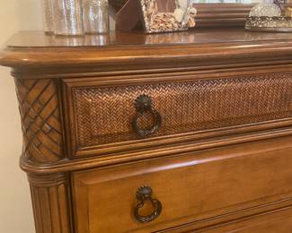 Detail of the American Drew eight drawer long dresser and mirror