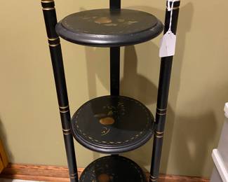 Vintage Hitchcock Tole three-tier pastry/cake/pie folding stand, black and gold with stenciled fruit