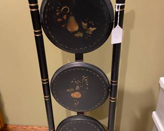 Vintage Hitchcock Tole three-tier pastry/cake/pie folding stand, black and gold with stenciled fruit