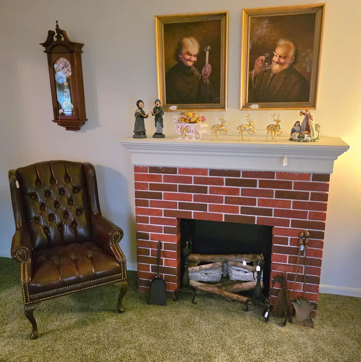 Beautiful Wing Back Chair, Fake Fireplace with Mantle, Exceptional Art by Hector Moncayo