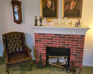 Beautiful Wing Back Chair, Fake Fireplace with Mantle, Exceptional Art by Hector Moncayo