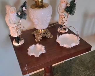 Vintage Side Table and Milk Glass Lamp and more