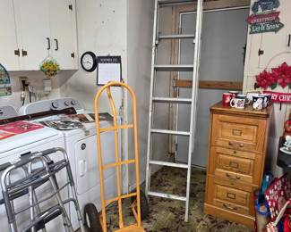 Ladder, dolly, wood filing cabinet