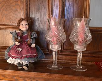 Antique porcelain doll, crystal candle holders