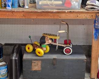 WWII military wooden trunk, vintage Playskool toys