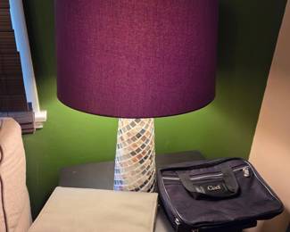 side table and lamp, purses