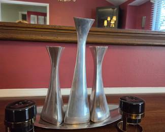 Nambe vases and mid century salt and pepper shakers