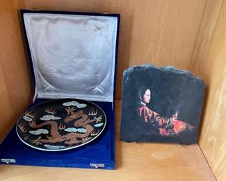 HKF078 - Chinese Beauty On Slate & Cloisonné Dragon Plate