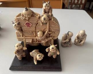 HKF075 - Set of Vintage Chinese Bone Sculpture – Scholars at Play & Harvest Scene with Children