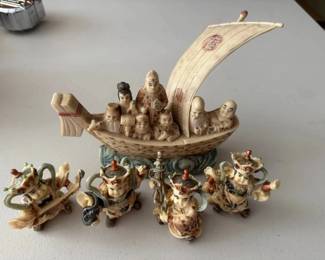 HKF077 - East Asian Bone Carved figure Sets - Takarabune Ship & Four Heavenly Kings