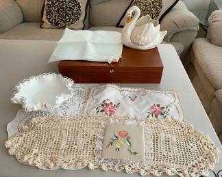 HKF188 - Wooden Silverware Case, Swan Planter, Candy Dish, & Doilies 