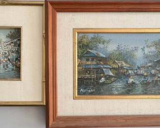 HKF094 Two Thailand River Village Paintings