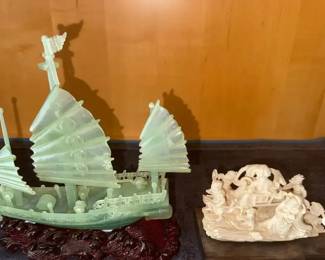 HKF065 Jade Chinese Ship and Soapstone Carvings