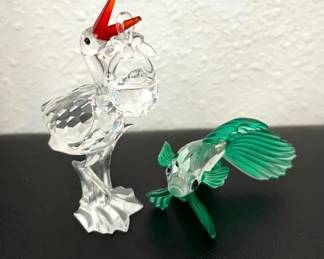 HKF381- Swarovski Crystal Collectibles, “Stork With Baby” & “Siamese Fighting Fish” 