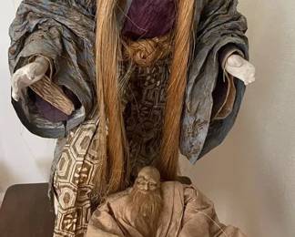 HKF096 - Two Rare Rice/Straw Paper Washi Kabuki Warrior & Old Man Dolls