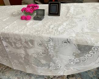 HKF178 - Lacy Tablecloth With Lalique Brooch, Lancel Frame, Candy Dishes