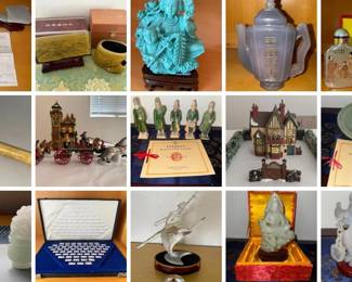 This estate auction features a lifetime collection of fine art, original & limited edition art, antique collectibles, vintage high-end designer furniture, accessories & décor from around the world, antique Chinese Pottery from Tang & Ming Dynasty, antique Chinese tile sculptures from Qing Dynasty, hand carved jade figurines & carvings, Waterford crystal, Swarovski crystal collectibles, vintage Royal Doulton porcelain figurines, vintage Lenox porcelain, Native American pottery, antique Asian carvings, Chinese turquoise figurines, vintage vinyl records, collectible Lladro & Goebel figurines, Royal Albert, Waterford crystal, Oriental rugs, electronics, kitchen goods, collectible Barbies, Heritage Village porcelain & so MUCH MORE!