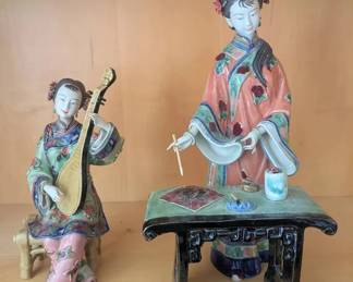 HKF203- Vintage Chinese Porcelain Calligraphy Women And Lute Player