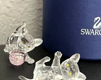 HKF259- Swarovski Crystal Collectibles- Set Of Two “Lying Kitten With Ball” 