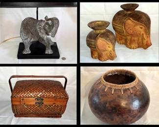 Cute Elephant Lamp, Pair of Elephant Candle Holders, Nice Basket and Gourd Art