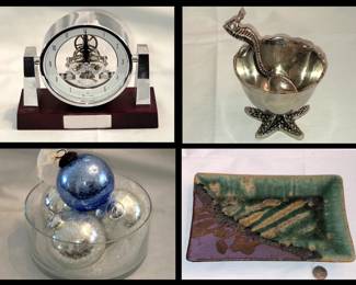Bulova Clock, Seahorse and Bowl, Large Heavy Christmas Ornaments and Modernist Pottery Tray