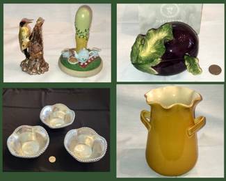 Woodpecker Pill box, Stamp, Napoleon Eggplant Covered Sauce Dish, Pewter Bowls and Pottery Vase