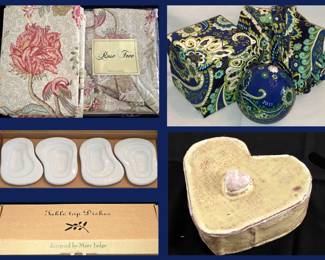 Rose Tea Valance and Matching Fabric, Vera Bradley Ornament with Box and Apron, Mary Judge Table Top Dishes and Primitive Heart Box