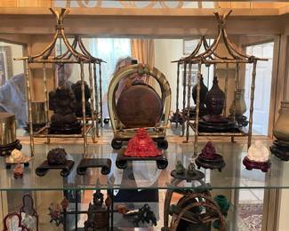 Some Jade items and other small Asian sculptures. Also including green slag glass items.