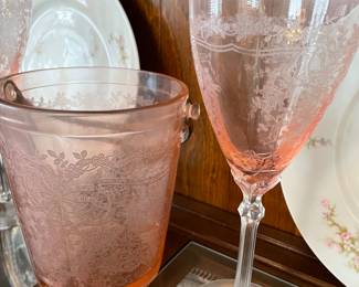 8 Antique pink, etched stemware 