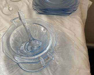 Antique blue glass plates and serving pieces