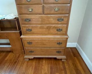 Ethan Allen maple bedroom suite.  King headboard, tall chest and dresser with mirror