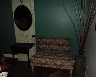 Settee, Mirror Decor Piece, Metal Vase